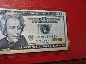 2009 $20 Low Serial # Star Note JK00057322* Rarer, circulated, has folds - Picture 1 of 2