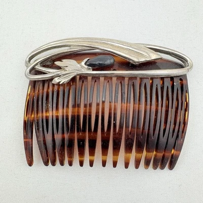 Pente de cabelo feminino antigo vintage falso concha de tartaruga com design de folha Silvertone - Imagem 1 de 4