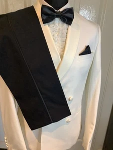 Mens White Double Breasted Dinner Suit With Black Trs By Moss 40 R Slim Fit - Picture 1 of 20