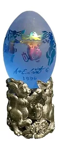 Rare Paperweight Frost Blue Iridized Glass Egg Metal Stand Velvet Box 1996 Gift - Picture 1 of 24