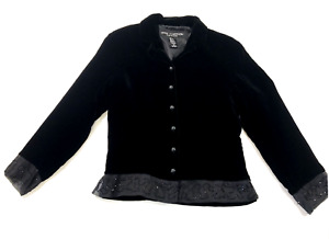 Anne Carson 6P Black Silk Blend Velvet Sheer Beaded Long Sleeve Blouse Jacket