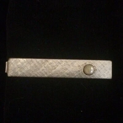 Silver Tone and Imitation Pearl Tie Bar Vintage Unbranded 1 5/8" x 1/4" - Image 1 of 4