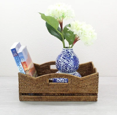 Tight Woven Scalloped Rattan Tray with Handles, Luxury Home Decor, HoneyBrown - Image 1 of 4