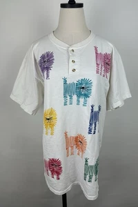 Vintage 90s Hand Drawn T-Shirt Womens M AOP Henley Tee Art to Wear Cute Lion - Picture 1 of 15