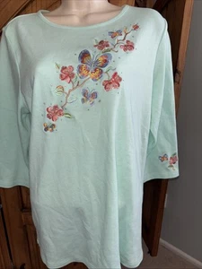 Quacker Factory Mint Blue Butterflies 3-4 Sleeve Tee Top Size M - Picture 1 of 3
