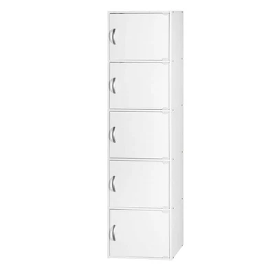 Bookcase 5-Shelf 59 in. Tall H White Wooden Particle Board Closed Storage Doors - Image 1 of 4