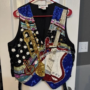 Vintage Sequin Beaded Costume Musical Instrument Tie Back Vest Guitar Trumpet - Picture 1 of 6
