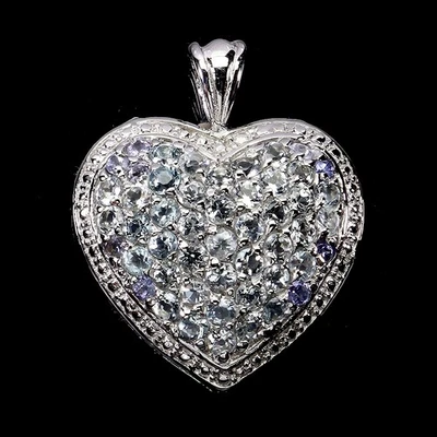 925 Sterling Silver Pendant Round Aquamarine Tanzanite Natural Gemstone Jewelry - Image 1 of 4