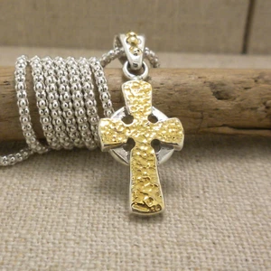 Sterling Silver & 18K Hammered Celtic Cross Pendant KEITH JACK Jewelry Boxed - Picture 1 of 11