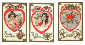 Vintage S.B. Postales de San Valentín (3) Corazones Rojos con Cupidos y Damas en su interior - Imagen 1 de 2
