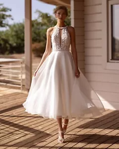 Kurz Brautkleid A-Linie Spitze Ivory Maßgeschneidert Tüll Neckholder Rückenfrei - Bild 1 von 5