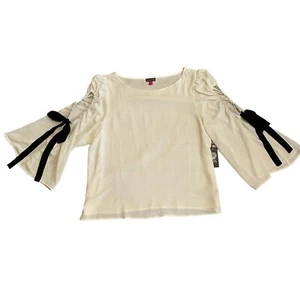 Vince Camuto Women’s Blouse Size XL Ivory Cold Shoulder Bell Sleeves Black Bow - Picture 1 of 10