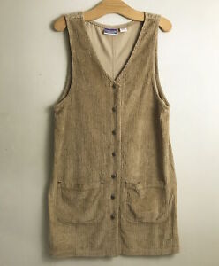 Beige soft corduroy Pinafore dress 8/10 Button up Sleeveless Vintage