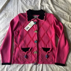 Vintage Jack B Quick Sweater Medium Pink Cardigan Beaded Perfume bottles NEW - Picture 1 of 12