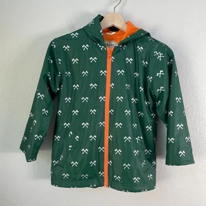 Hatley Kids Size 7 Green Axe Rain Jacket Terrycloth Lining Waterproof Coat - Picture 1 of 9