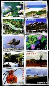 ARUBA 2013 ANIMALS/BIRDS/FLOWERS/OWLS/IGUANA/DONKEY CACTUS STAMP BLK OF 10 MNH - Picture 1 of 1