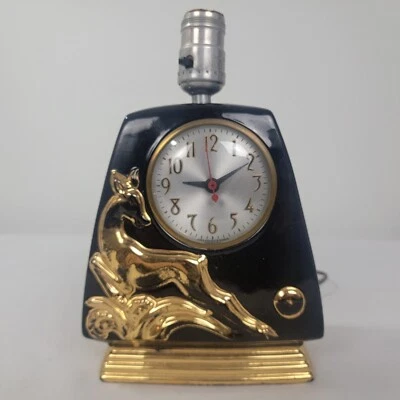MCM Mid Century Modern Art Deco Black Ceramic Lamp Clock with Golden Deer - Image 1 of 4