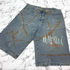 Men's Miskeen Mid Blue | White | Orange Hand Painted Casual Denim Shorts NWT - Picture 1 of 3