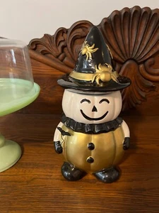 Ceramic Pumpkin Cookie Jar Witch Hat Lid Halloween Decor Gold Black - Picture 1 of 7