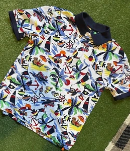 Polo Ralph Lauren Short Sleeve White AOP Bear Ocean Surf Boys Polo Sz L 14-16 - Picture 1 of 6