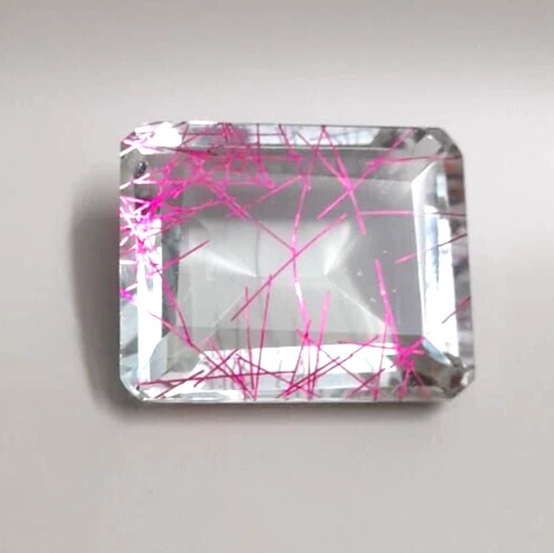 112.8 Ct Emerald Cut Lab-Created Pink Rutilated Quartz Loose Gemstone CERTIFIED - Image 1 of 4