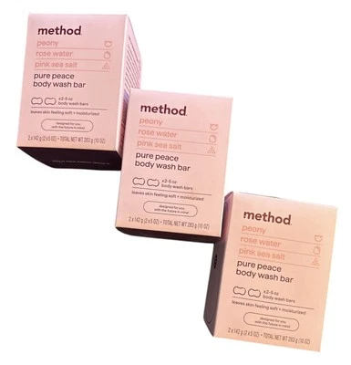 Barra de lavado corporal Method Pure Peace peonía agua de rosas rosa sal marina paquete de 3 (6 barras) Foto 1 de 2