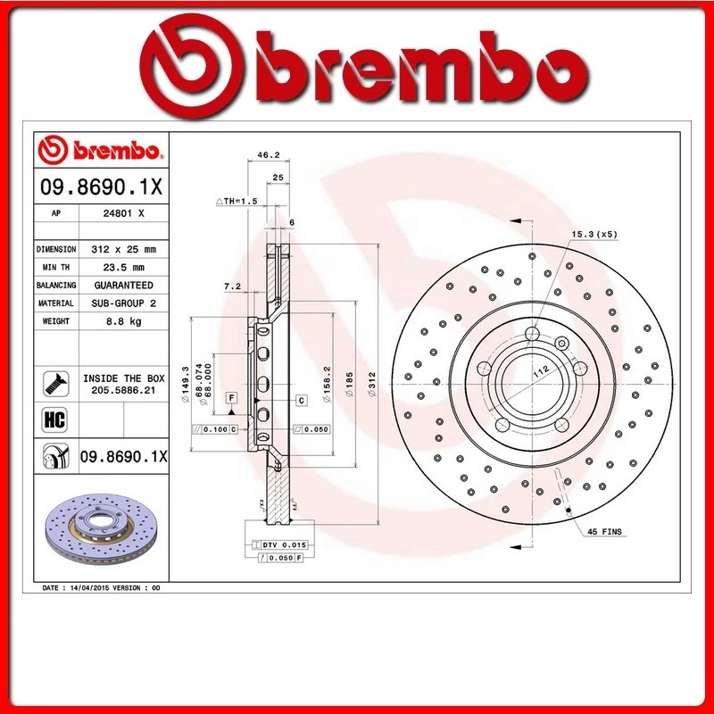 09.8690.1X#145 DISCO FRENO ANTERIORE SPORTIVO BREMBO XTRA VW PASSAT Variant (3B6 - Immagine 1 di 1