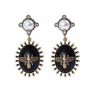 Black Enamel Bee And Pearl Drop Earrings - Picture 1 of 2
