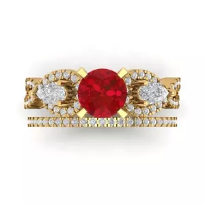 2 Round cut 3stone Ruby Wedding Statement Bridal Ring set 14k Yellow Solid Gold - Picture 1 of 11