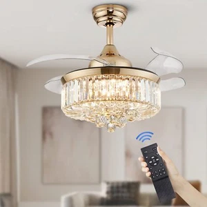 CROSSIO Modern Crystal Ceiling Fan Light Reversible Fandelier LED Dimmable Go... - Picture 1 of 8