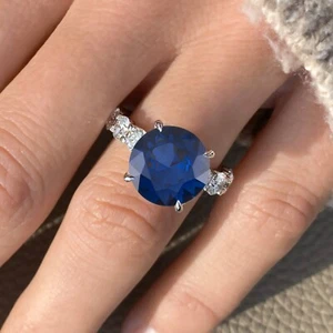 3.50 Ct Round Cut Natural Sapphire & Diamond Wedding Ring 14k White Gold Size 8 - Picture 1 of 6
