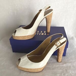 Stuart Weitzman white patent peep toe straw heels 8.5  slingback ankle strap pla