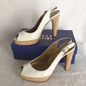 Stuart Weitzman white patent peep toe straw heels 8.5  slingback ankle strap pla - Picture 1 of 14