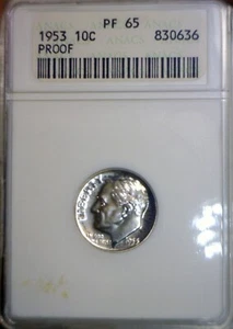 1953 ANACS PR65 GEM PROOF SILVER Roosevelt Dime Coin NICE PRF LOT #36 NR - Picture 1 of 4