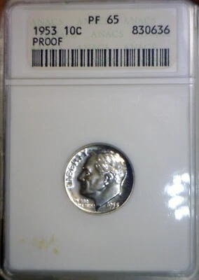 1953 ANACS PR65 GEM PROOF SILVER Roosevelt Dime Coin NICE PRF LOT #36 NR - Image 1 of 4