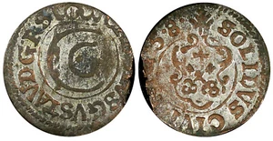 Schwedisch Livland Stadt Riga Carl X Gustav Silber 1658 1 Solidus KM# 50 (22 236) - Bild 1 von 3