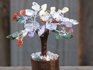 Small Mixed Crystal Bonsai Gemstone Tree ~ 110mm Tall - Wooden Base - Picture 1 of 6