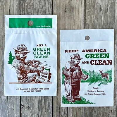 Bolsa de basura 2 Diff Original Plástico SMOKEY THE BEAR LITTER Años 60 VERDE LIMPIO Foto 1 de 3