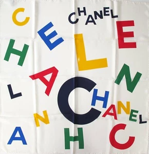 Chanel White Multi Letters Crepe of Silk Scarf 90cm - Picture 1 of 6