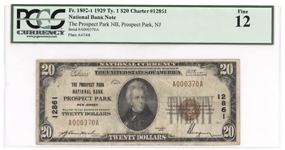 CH 12861 $20 1929 Prospect Park New Jersey NJ National Bank Bill FINE F 12 PCGS - Image 1 of 2