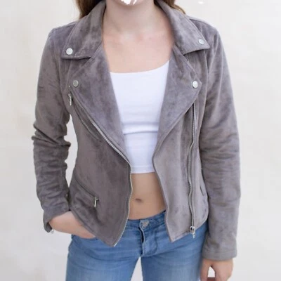 Jaqueta de Moto NYC em Branco XS Camurça Artificial Cinza Macia Zíper Completo Motociclista Anthropologie - Imagem 1 de 4