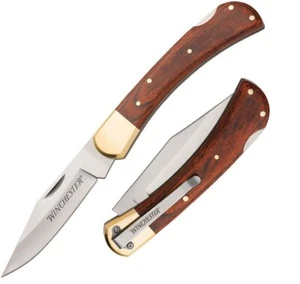 Winchester Large Folding Knife 3.75" Stainless Steel Blade Brown Wood Handle - Picture 1 of 11