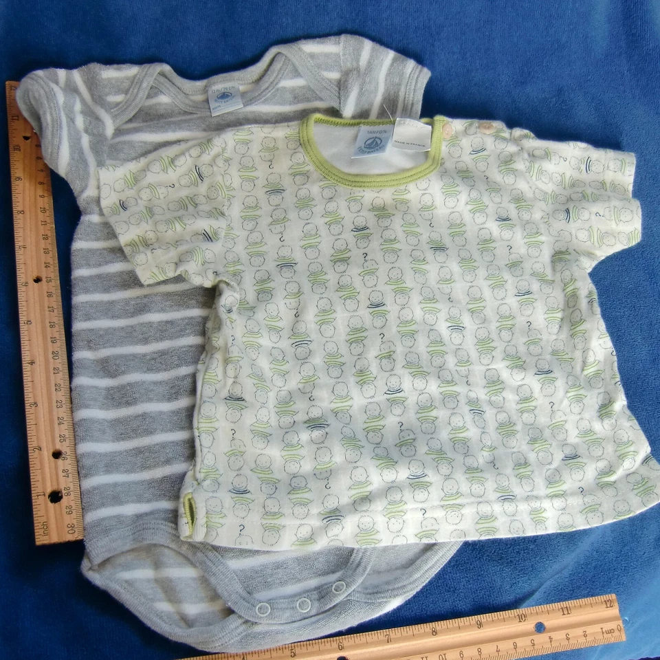 Petit Bateau VGUC 74cm Shirt One Piece 12m 1an yr gray terry green cotton France - Image 1 of 1