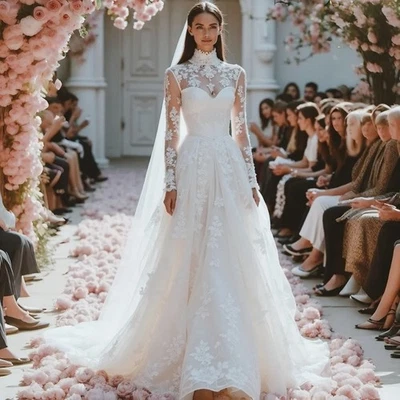 Vestidos de novia de princesa de lujo cuello alto mangas largas apliques de encaje vestido de novia Foto 1 de 4