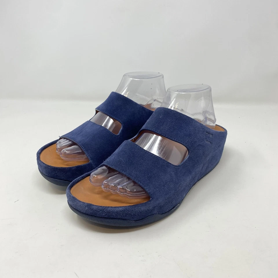 FitFlop 凉鞋女式 8 码海军蓝麂皮绒露露拖鞋舒适楔形 FF9-399 — 第 1/4 张图片