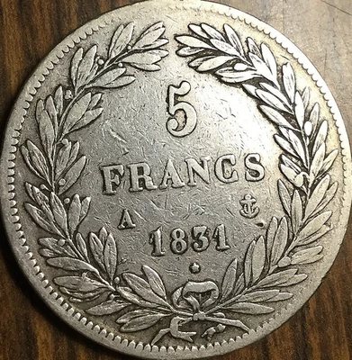 1831 FRANCE SILVER 5 FRANCS COIN Foto 1 de 2