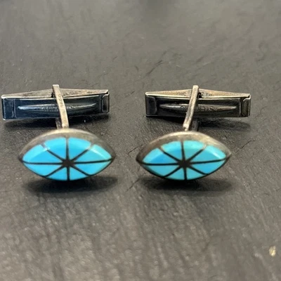Zuni Vintage Flush Inlay Turquoise Cufflinks Oblong Sterling Silver 41 - Image 1 of 4