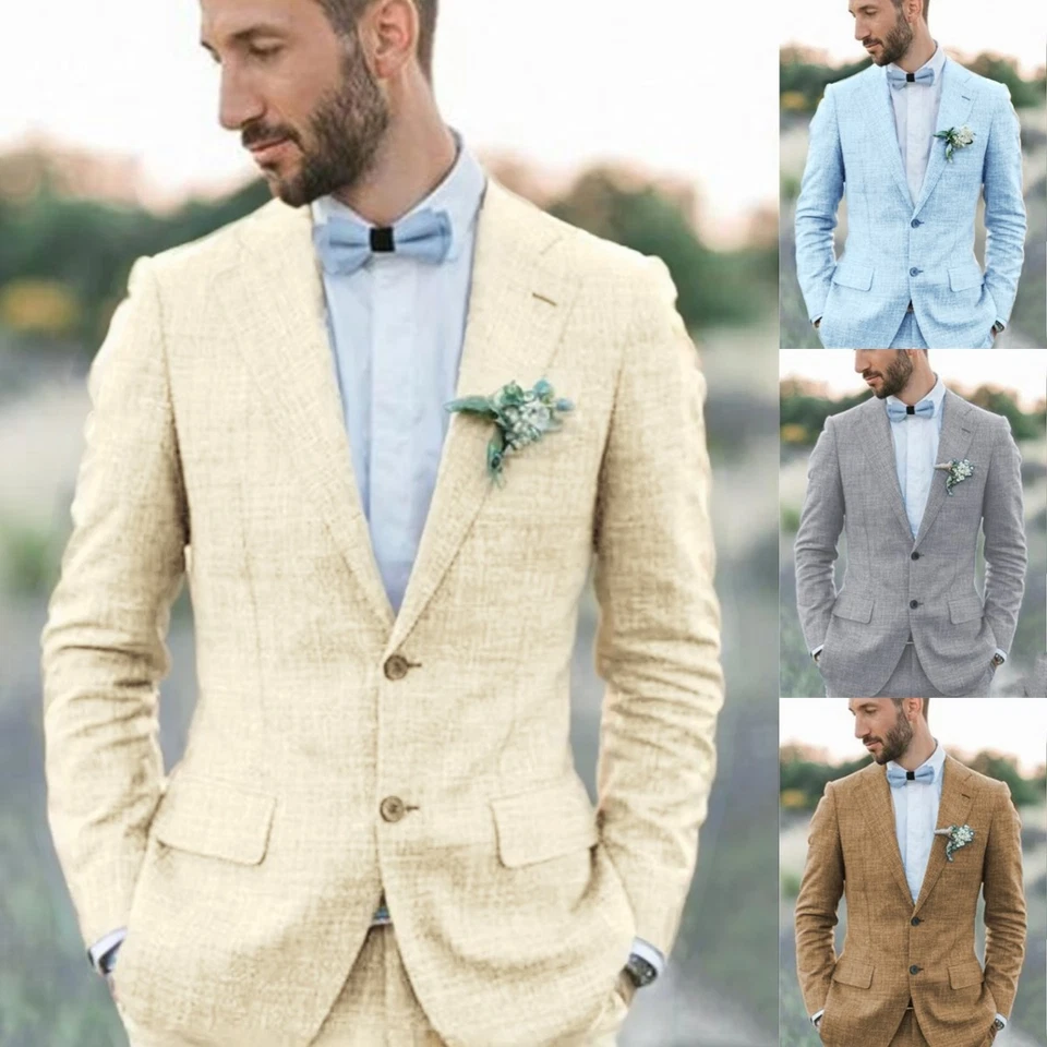 Men 2Pcs Linen Suit Summer Grooms Bestmen Wedding Suits Blazer+Pants 42r 44r 46r - Image 1 of 3