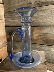 La Soufflerie Ports Candele /W Handle Candle Holder Blue Glass 8” - Picture 1 of 5