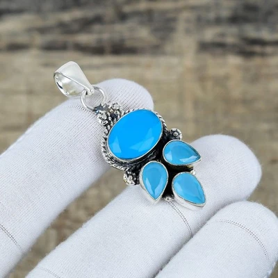 Blu Calcedonio Gemma 925 Argento Sterling Fatto a Mano Ciondolo Gioielli Love - Immagine 1 di 4